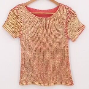 Gold Metallic Crochet Top Pink Sweater Club Kid Y2K Short Sleeve Lined Size XS